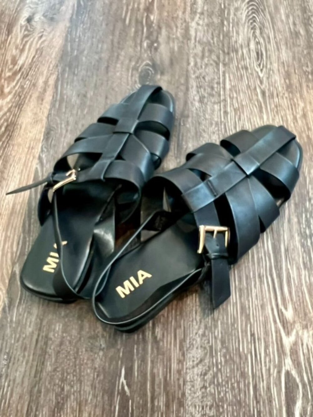 MIA Black Woven Sandals Size 10 Strappy Fisherman Buckle Flats Like New